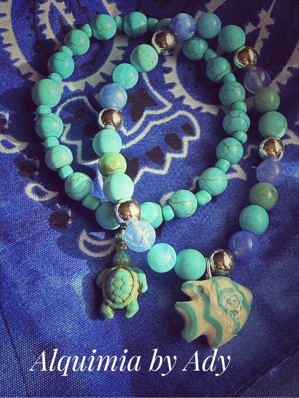 Luxury Aquamarine  and Turquoise Beaded Bracelet blue and white fish 🐟